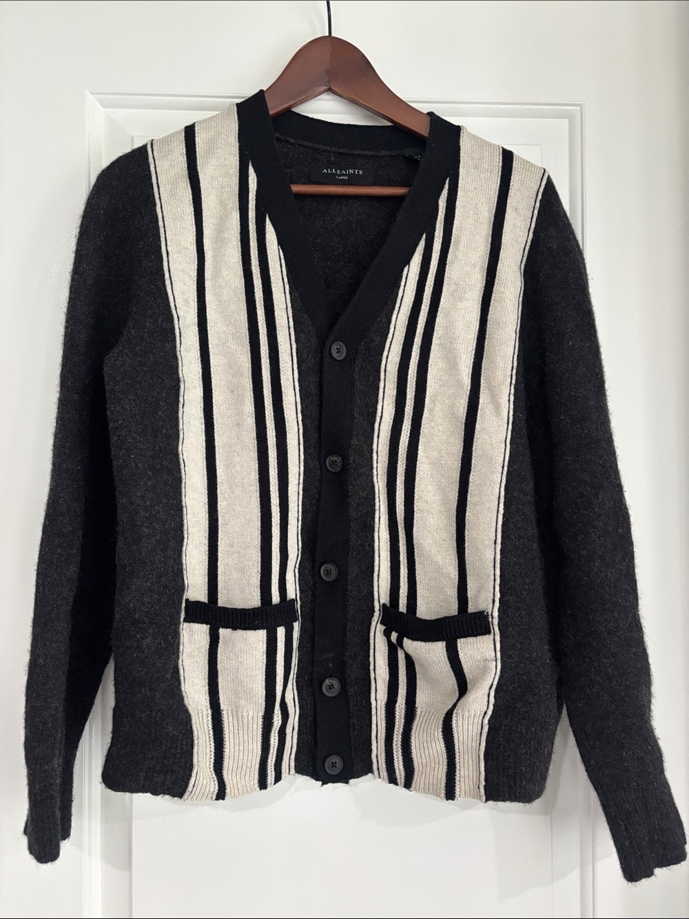 AllSaints Black & Cream Striped Button-Up Cardigan